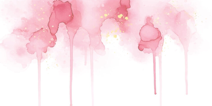 Abstract watercolor drips in soft pink and gold tones creating a delicate artistic background