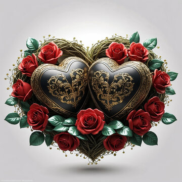 Powerful fantasy style two black carved hearts resting in a beautiful rose nest on white background, 3D design.