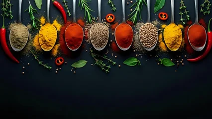 Crédence de cuisine Herbes Colorful spices and herbs in wooden spoons arranged on dark background with fresh herbs, chili peppers and tomatoes for culinary cooking and seasoning.  © Yuliia