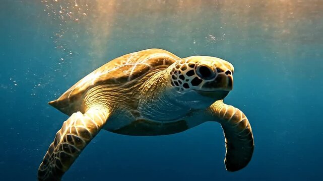 Graceful Green Sea Turtle Swimming Underwater in Clear Ocean with Sunlight