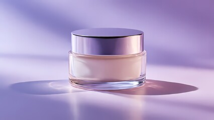 Luxurious skincare cream jar with a silver lid placed on a soft purple background with elegant lighting and shadows
