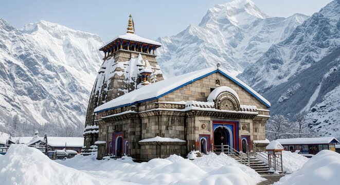 Kedarnath Temple in Snowfall &ndash; Sacred Himalayan Shiva Shrine Winter Devotion
