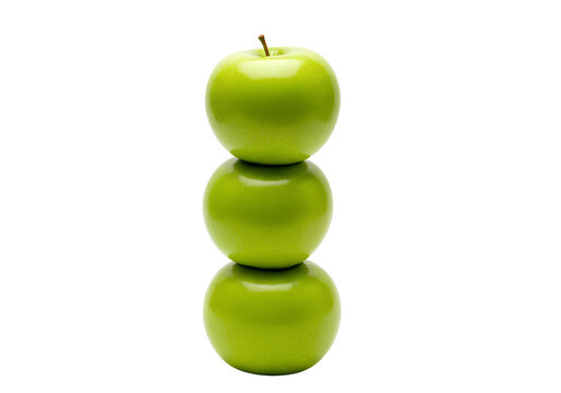 Three green apples stacked vertically isolated, realistic fresh fruit illustration symbolizing balance, health, and minimal food design