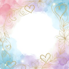 Obraz premium Watercolor frame with golden floral ornaments and hearts on pastel background for wedding invitations, greeting cards and romantic design projects.