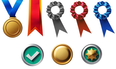 Winner achievement icons collection – Gold medal, rosettes, and guarantee seals