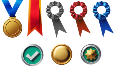 Winner achievement icons collection – Gold medal, rosettes, and guarantee seals