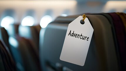 A luggage tag with 'Adventure' written on it is tied to a suitcase inside an airplane. The blurry background suggests a journey, destination, or a new experience awaits passengers.