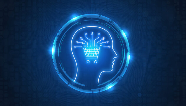 Digital shopping intelligence: A mesmerizing futuristic illustration featuring a glowing brain-shaped silhouette with a shopping cart as a symbol of the fusion of intellect and commerce.