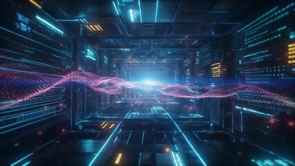 Abstract digital tunnel with glowing data streams and geometric patterns in blue and pink hues animation - Powered by Adobe