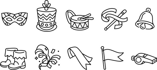 Mummers parade icon set. Outline carnival festival symbols