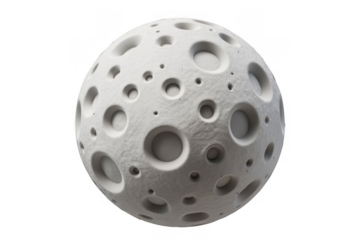 White moon sculpture with craters textured surface isolated on a transparent background
