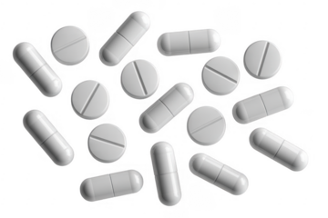 White pills and capsules scattered on black medicine isolated on a transparent background