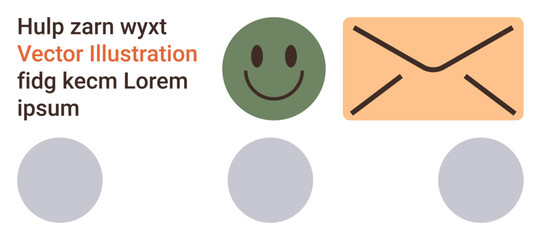 Communication, messages, positivity, design elements, placeholders, user interface. happy face, envelope and circles with generic placeholder text. Communication and positivity concepts