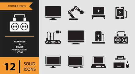 Solid icons for computer and device arrangement, displaying various digital tools and charging solutions
