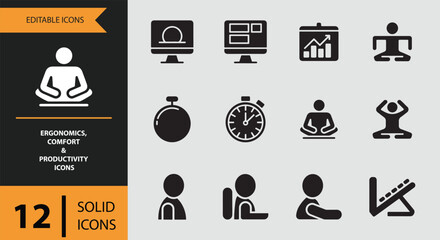 Ergonomics, comfort, and productivity solid icons collection for work-life balance and well-being