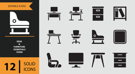 Desk and office furniture essentials: a collection of 12 solid icons for modern workplaces