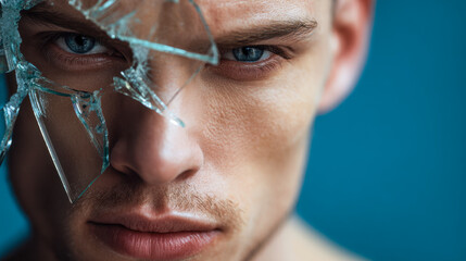 Intense young man staring through shattered glass pieces with piercing blue eyes against a soft blue background, symbolizing resilience and vulnerability