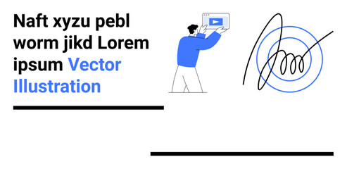 Business professional holding digital presentation, abstract circular line art, and text blocks. Ideal for marketing, communication, education, design, branding, creativity simple landing page