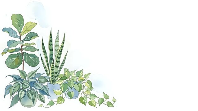 Watercolor houseplants arrangement with fiddle leaf fig, snake plant and trailing pothos on white background for home decor and botanical design projects.
