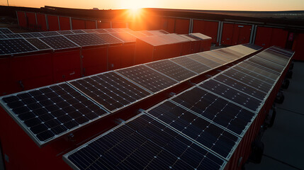 Array of solar panels, rows of solar panels in a wide angle shot, with the sun setting in the background and giving light on all the solar panels, renewable energy concept.