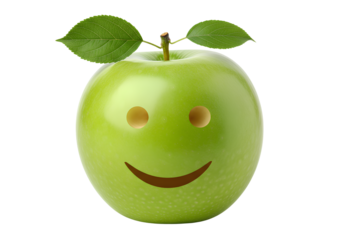 Green apple with smiling face and leaves isolated, creative fun fruit illustration symbolizing happiness, health, and positivity