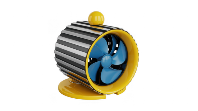 Yellow and black striped fan with blue blades yellow fan isolated on a transparent background - Powered by Adobe