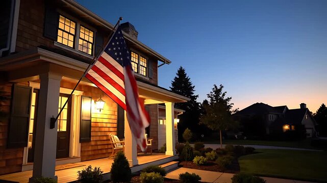 American Flag Flapping Outside Suburban House at Sunset with Warm Lighting and Calm Atmosphere