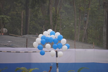 Cluster of White and Blue Balloons Tied to Pole Outdoors