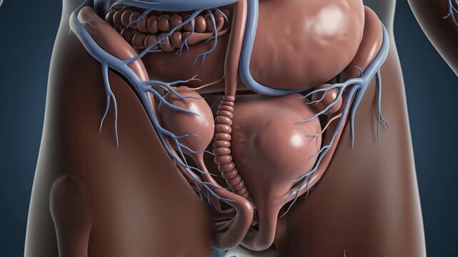 Detailed anatomical illustration of the human female reproductive and urinary systems with associated vasculature.