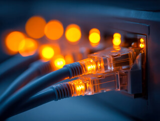 Network cables connected to a router or switch with glowing orange indicators signaling data transmission and active internet connectivity in a dark environment