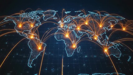 Digital World Map with Bright Orange Network Lines Connecting Global Hubs on a Dark Blue Grid global network - Powered by Adobe