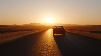 Obraz premium A car drives along a desolate road at sunset, mountains in the distance. The sun casts a golden glow over the scene, creating a sense of peace and tranquility.