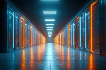 Futuristic data center aisle with glowing neon lights highlighting rows of server racks creating a high-tech atmosphere in a modern technology infrastructure facilit
