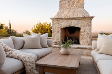 Obraz premium Outdoor patio scene featuring a stone fireplace, cozy linen cushions, and a wooden table, creating a warm and inviting atmosphere for relaxation and gatherings
