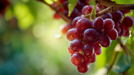 A vibrant bunch of ripe red grapes hanging from a vine with morning dew and soft sunlight illuminating the fresh fruit against a blurred natural background