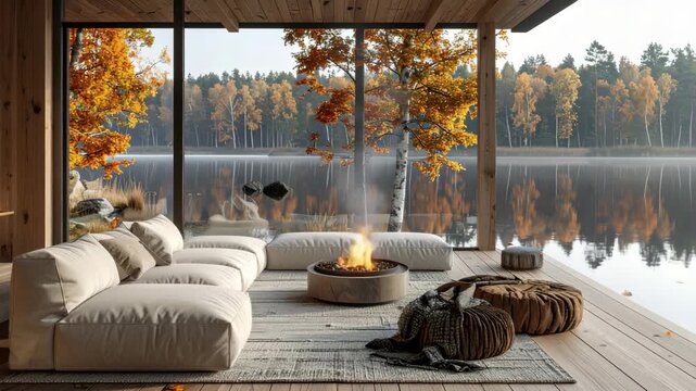 Scandinavian Cozy Lakeside Cabin in Autumn 4K