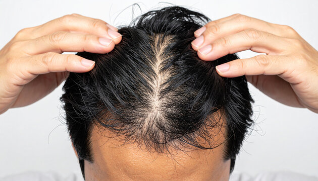 分け目が大きく目立つ薄毛の日本人頭皮イメージのマクロ質感素材 &ndash; Japanese Scalp Texture with Very Sparse Hair and Wide Part Line