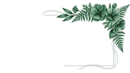 Minimal luxury watercolor floral frame corner with anemones and ferns in deep emerald green isolated on white background