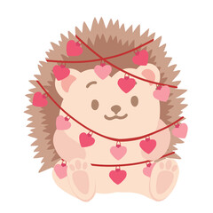 Adorable little hedgehog tangled in heart garland. Valentines Day vector illustration ideal for romantic cards, children designs, love banners, invitations, and holiday promotions © Alena