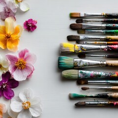 Obraz premium Paintbrushes & colorful flowers adorn a white surface