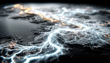 Illuminated pathways flow across a dark, textured surface