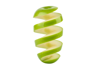 Green apple sliced into vertical spiral isolated, creative fresh fruit illustration symbolizing healthy eating, design, and modern food concepts