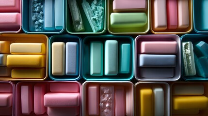 Colorful rectangular erasers packed tightly in a full frame layout, creating a playful pastel texture perfect for school ads, stationery banners