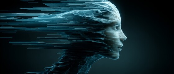 Digital human face dissolving into data streams