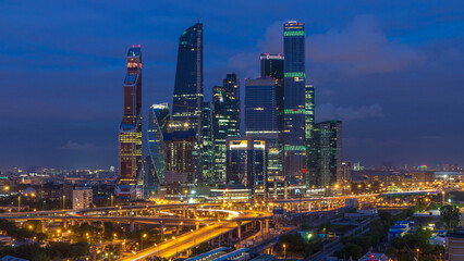 Naklejka premium Business complex of skyscrapers Moscow city day to night timelapse.