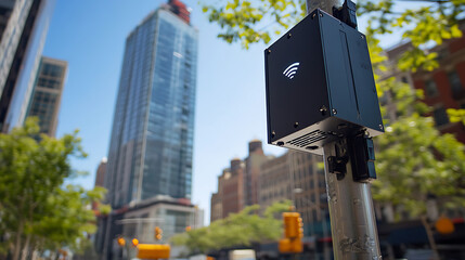 Street-Level Connectivity: A modern black device with a connectivity symbol affixed to a pole, set against a cityscape backdrop. Urban tech meets city life in seamless integration.