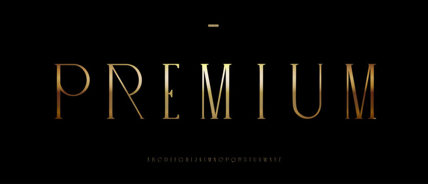 Premium golden font logo alphabet elegant serif typography, thin narrow condensed letters for premium product, beauty industry logo, luxury branding, gold vintage headline fonts. Vector logos typeset