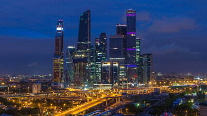 Naklejka premium Business complex of skyscrapers Moscow city day to night timelapse.