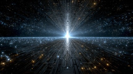 Futuristic data horizon with glowing central light