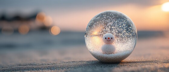 Cute snowman in glass snow globe on winter surface